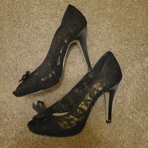 Paradox London Pink Black mesh lace heels good condition 8.5